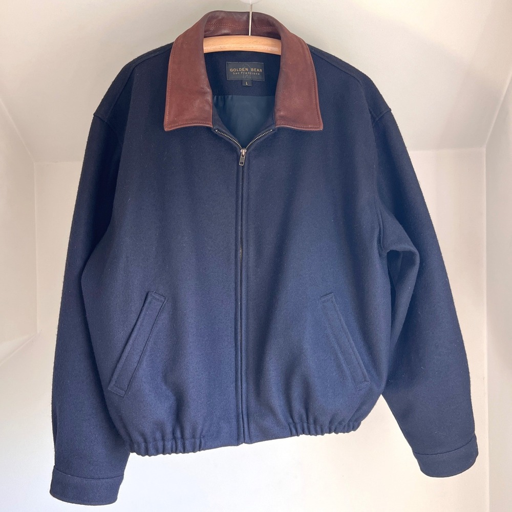 Vintage Golden Bear Pacific Jacket Large Navy Blue Wool‎ Leather Preppy Bomber